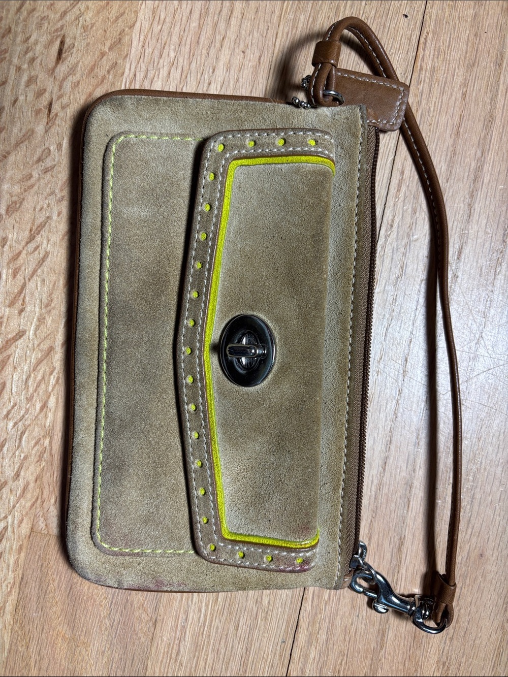 Coach Tan Suede Wristlet with Yellow Trim
